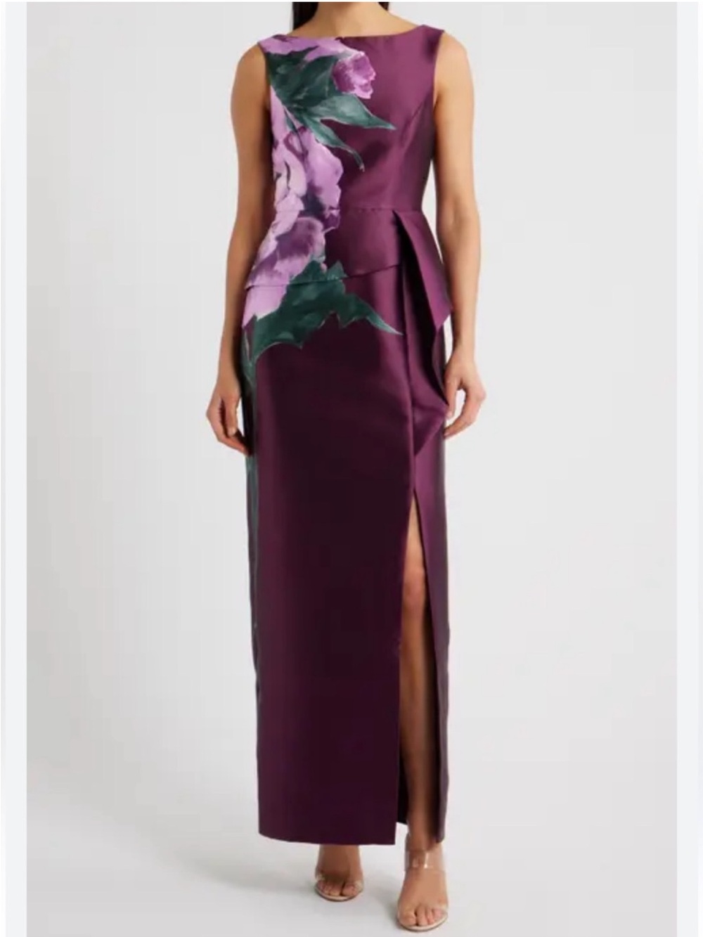 ✨NEW✨Kay Unger Luciana Floral Column Mikado Gown in Mulberry Purple